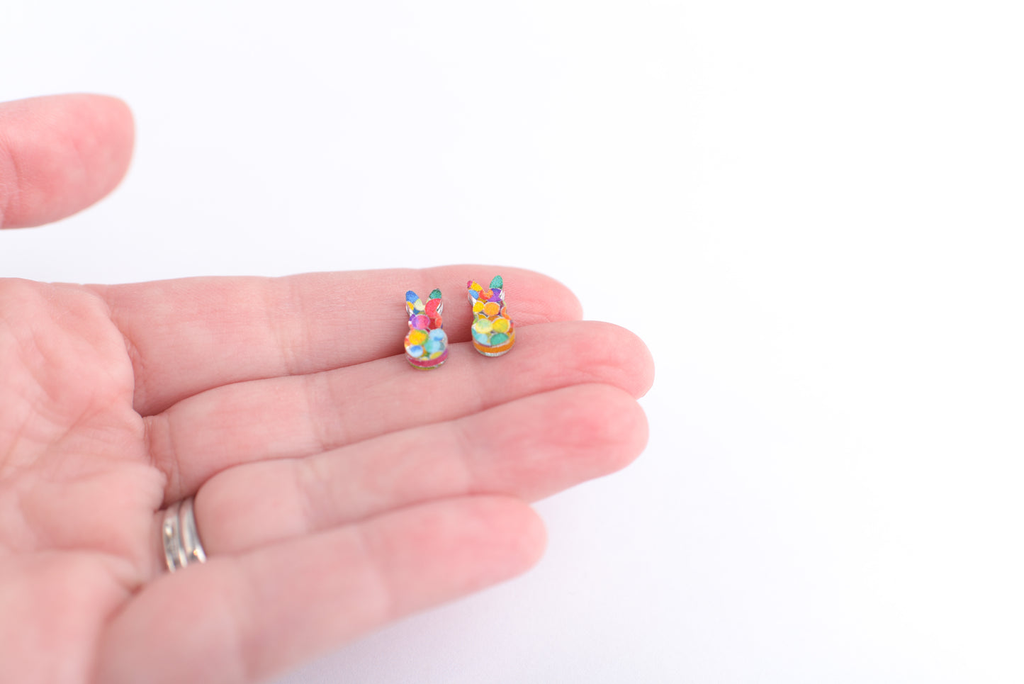 Colorful Rainbow Dot Bunny Earrings with Titanium Posts