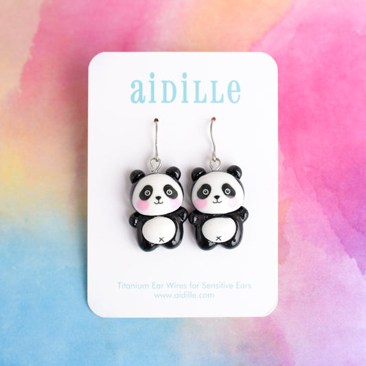 Panda Bear Dangle Earrings with Titanium Ear Wires