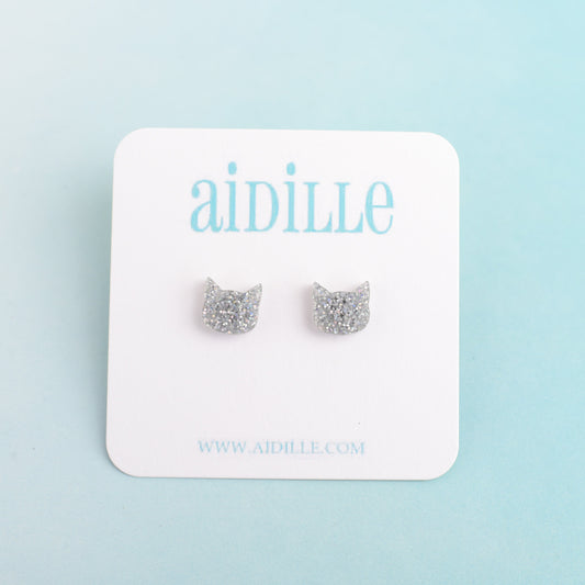 Silver Glitter Cat Earrings with Titanium Posts