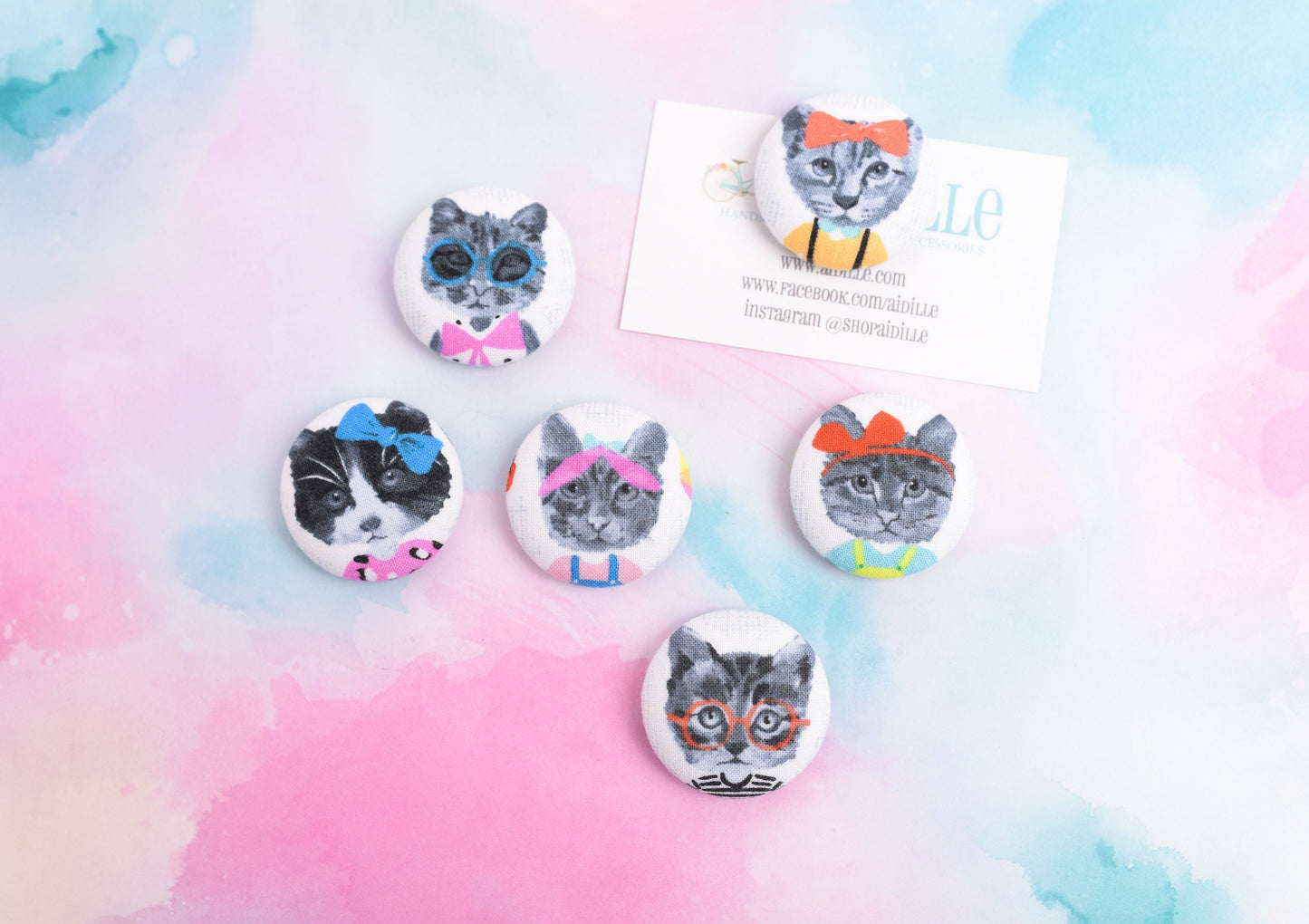 School Girl Cat Fabric Button Magnets- Set of 6