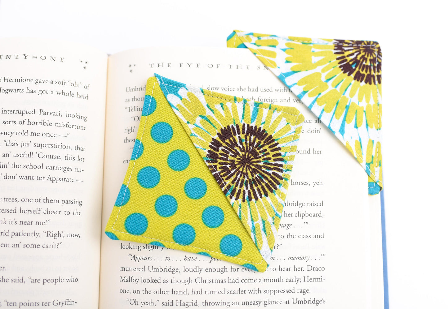 Lime and Turquoise Floral and Polka Dot Handmade Cloth Corner Bookmark