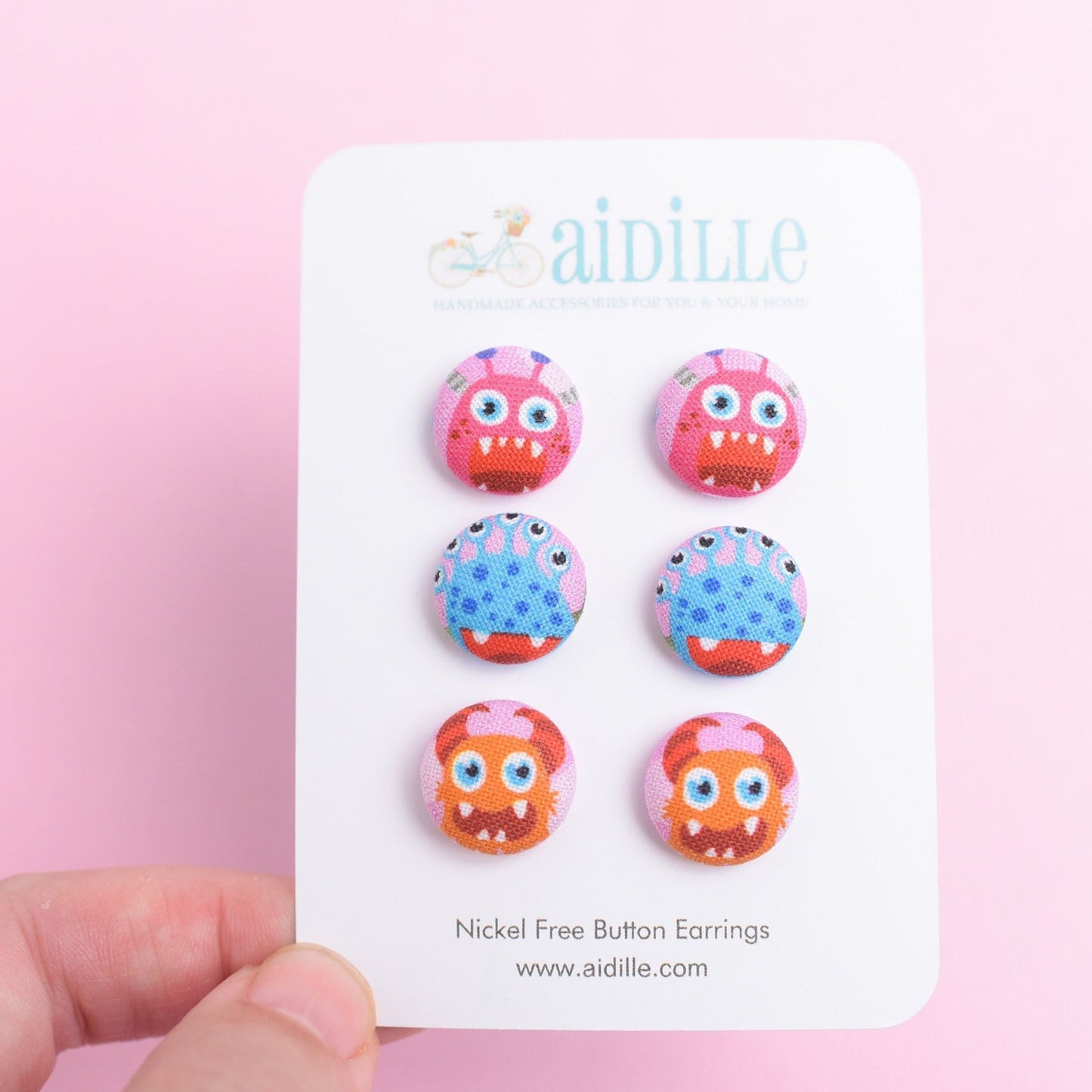 Fabric Button Monster Earrings with Titanium Posts or Clip Ons