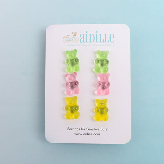 Pink, Yellow, & Lime Gummy Bear (Medium Size) Earring Trio with Titanium Posts