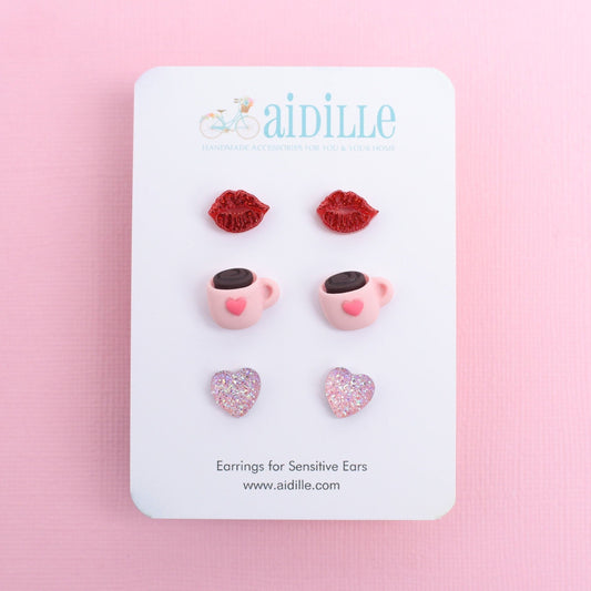 Valentines Day Earring Trio with Titanium Posts- Glitter Lips, Hot Cocoa Mug, and Druzy Hearts