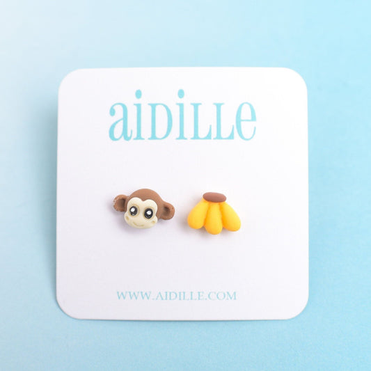 Little Monkey and Banana Earrings with Titanium Posts