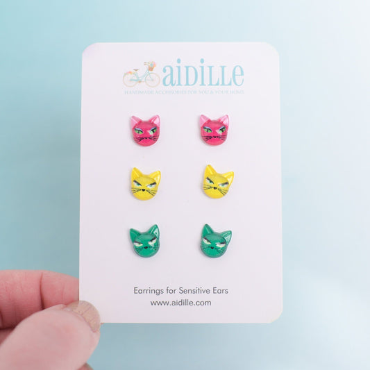 Mini Colorful Cat Earring Trio Multi Pack Set with Titanium Posts