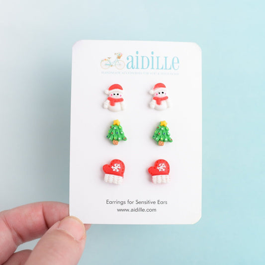 Little Christmas Earring Trio Set with Snowman Tree Mittens with Titanium Posts